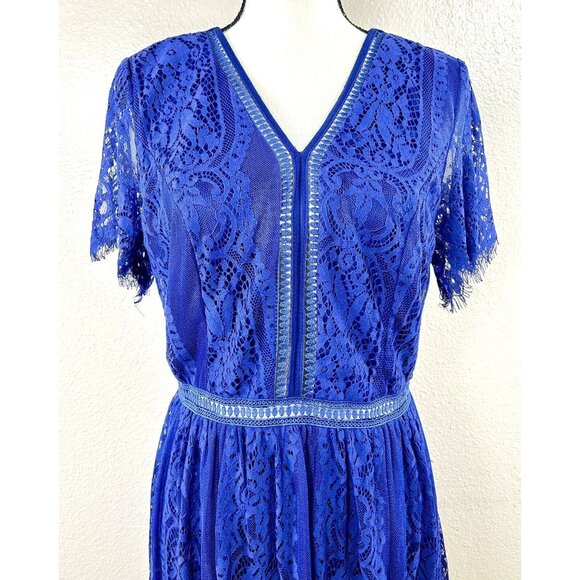 Merokeety Maxi Dress Lace Overlay Indigo Blue Boho Crochet Fringe Knit V Neck L - Picture 5 of 16